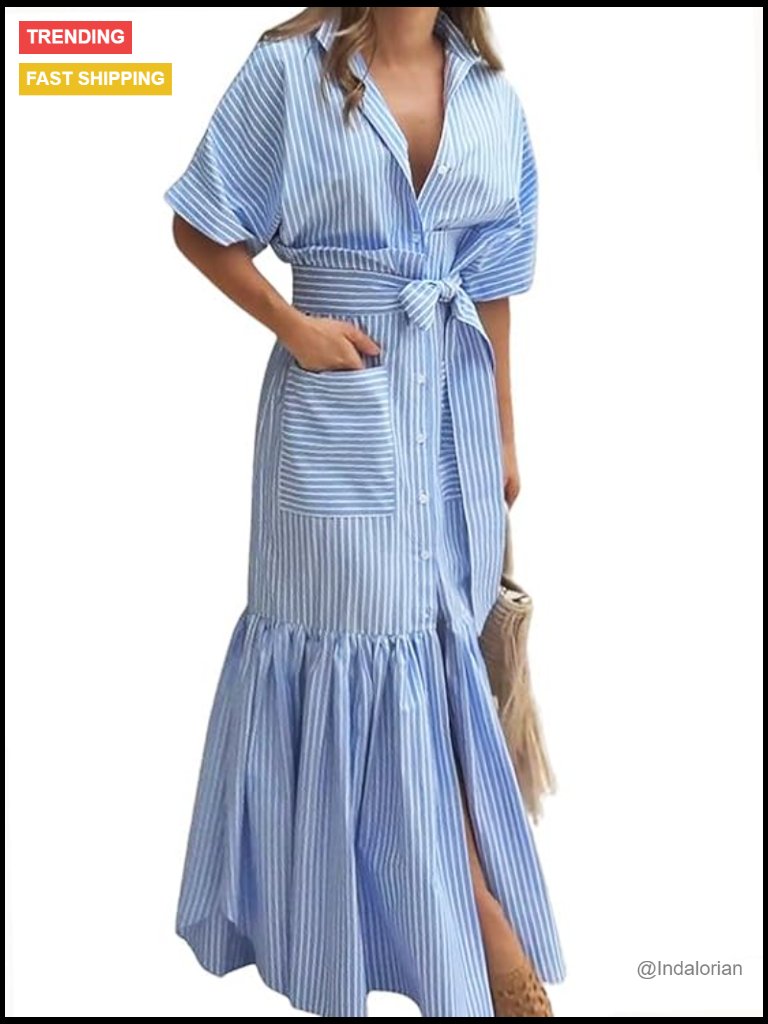 Striped Button Down Maxi Dress With Belt And Pockets